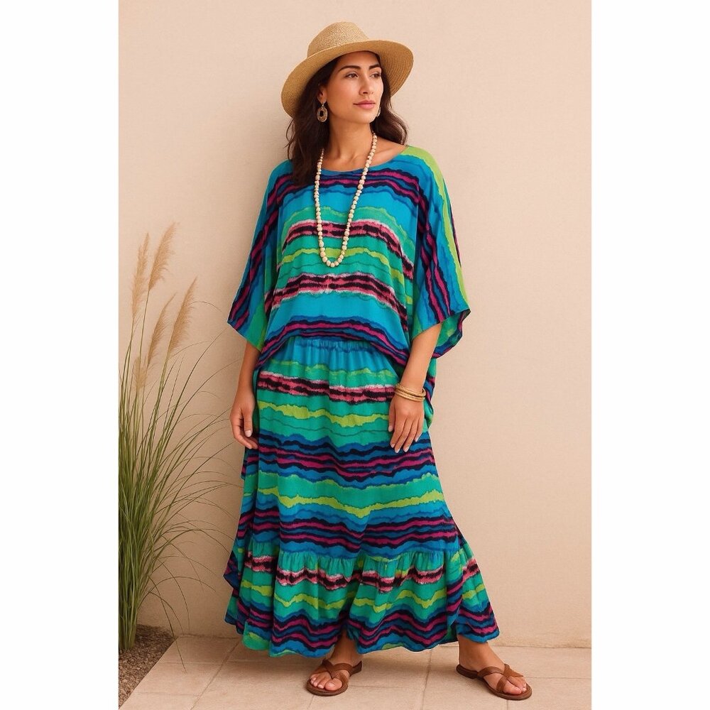 Skullz London Women’s 12 - 16 Isabelle Top & Skirt Rainbow Boho Resort Vacation